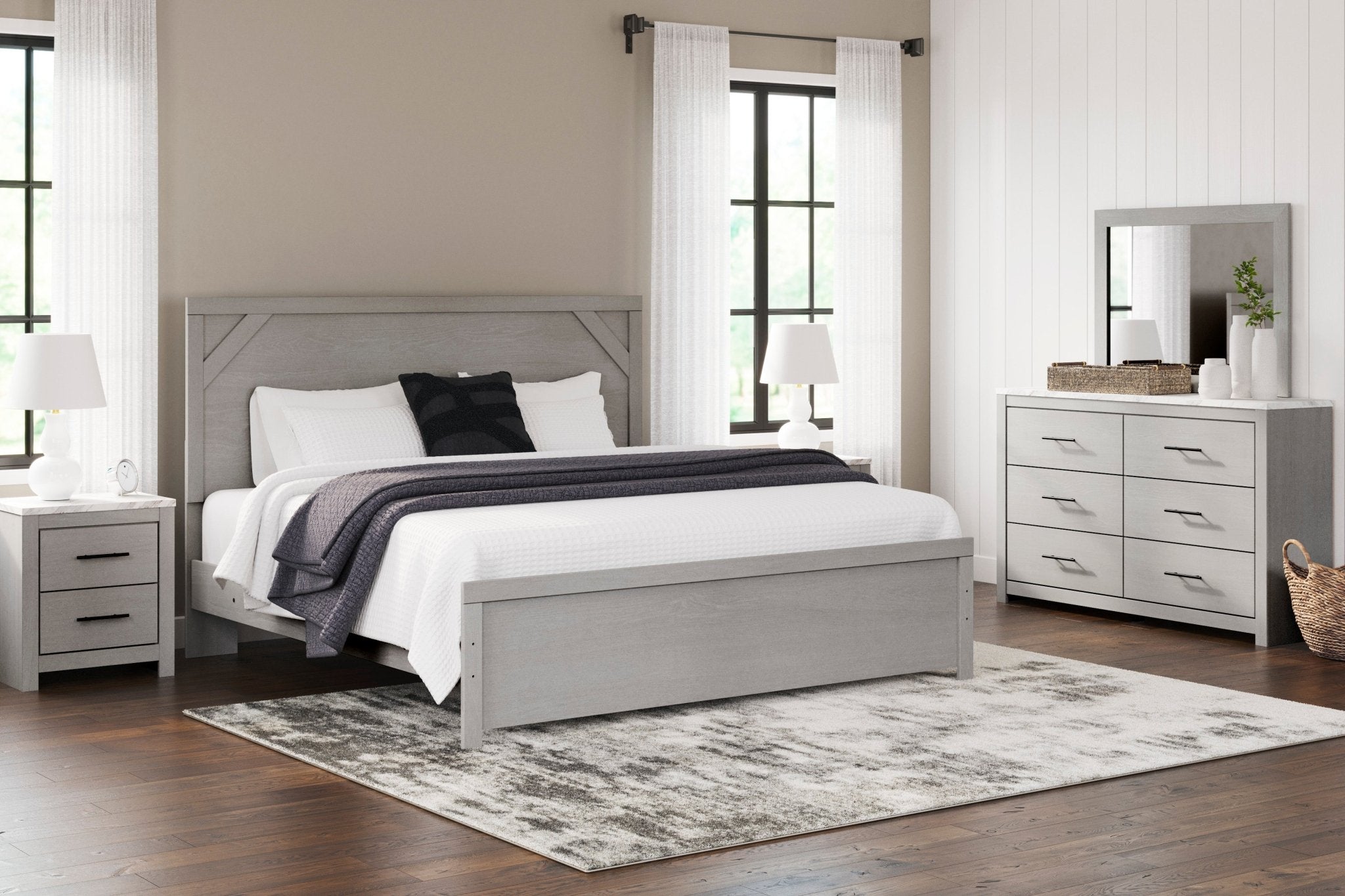 Cottonburg Queen Panel Bed with Mirrored Dresser and Nightstand - Rooms For Less Furniture Outlet