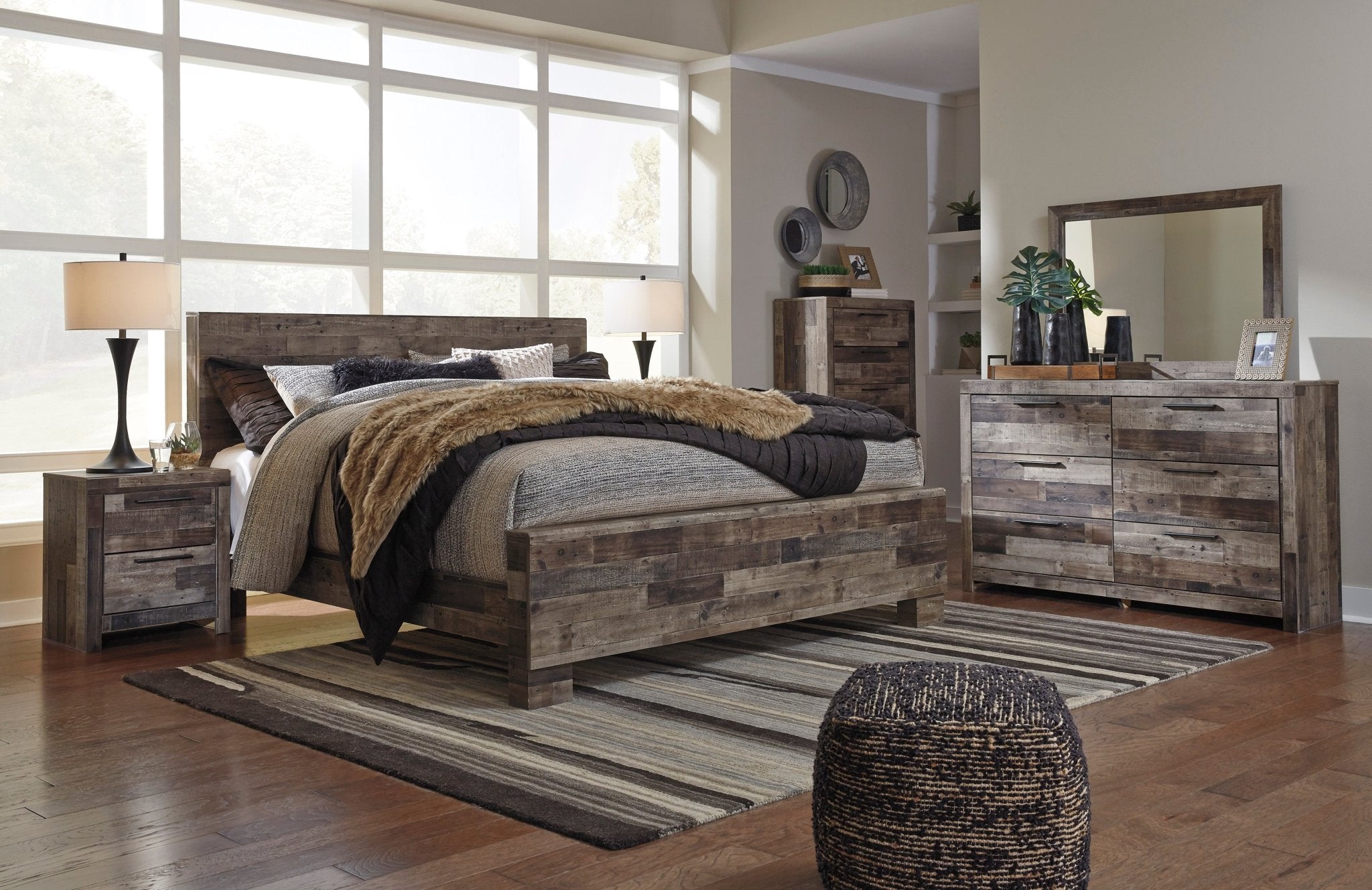 Derekson King Panel Bed, Dresser, Mirror & Nightstand - Rooms For Less Furniture Outlet