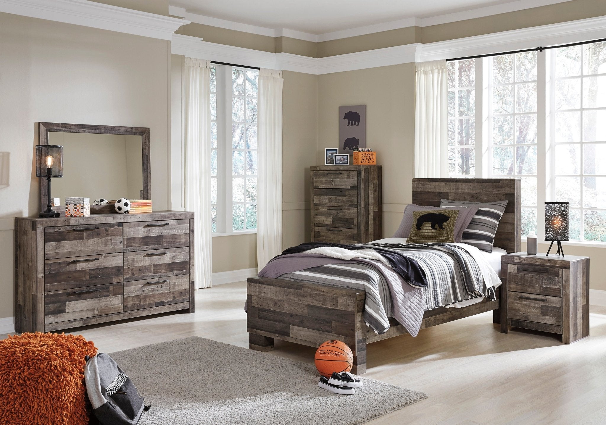 Derekson Twin Panel Bed, Dresser, Mirror & Nightstand - Rooms For Less Furniture Outlet