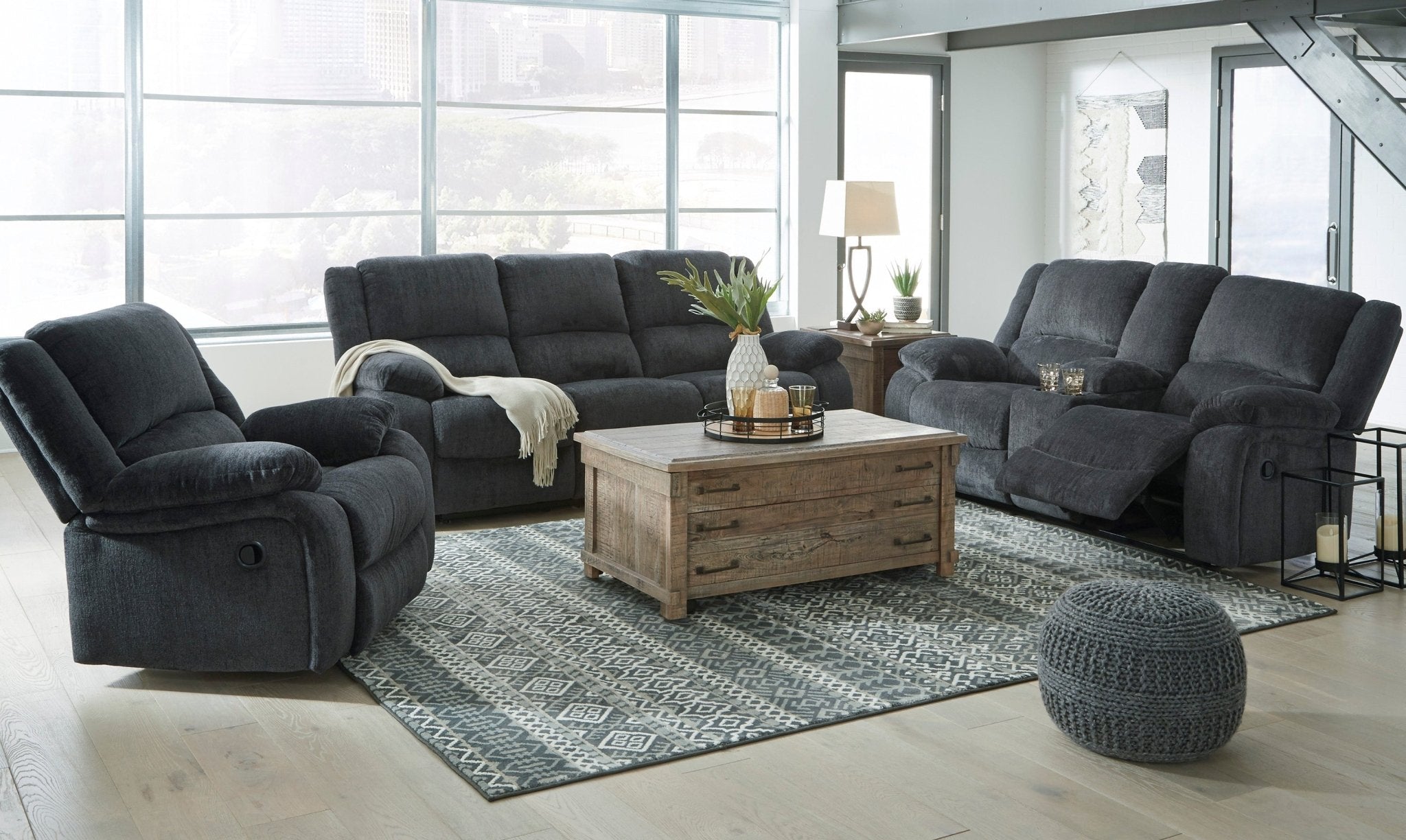 Draycoll Slate Power Reclining Sofa and Loveseat - Rooms For Less Furniture Outlet