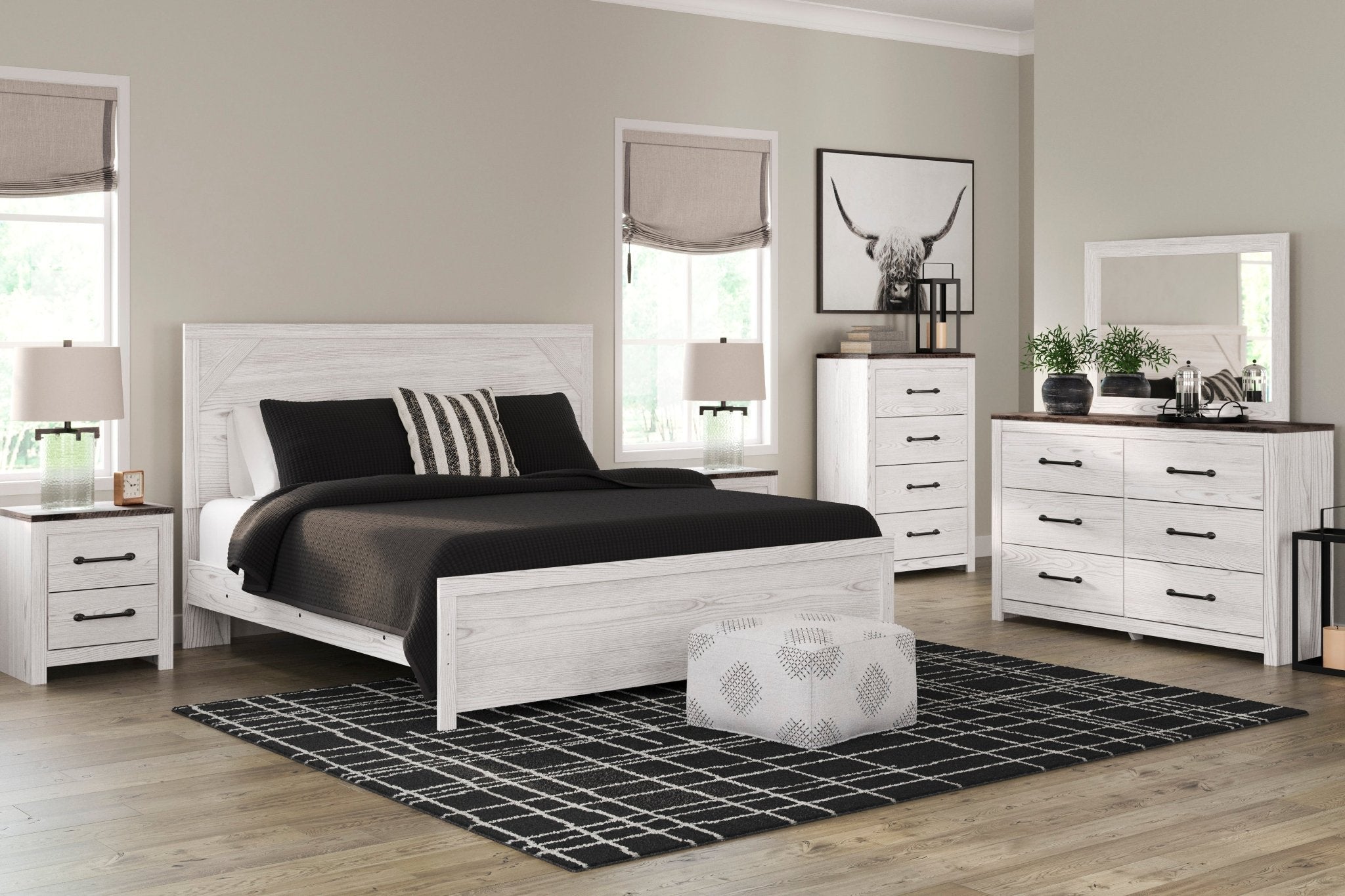 Gerridan Queen Panel Bed, Dresser, Mirror and Nightstand - Rooms For Less Furniture Outlet