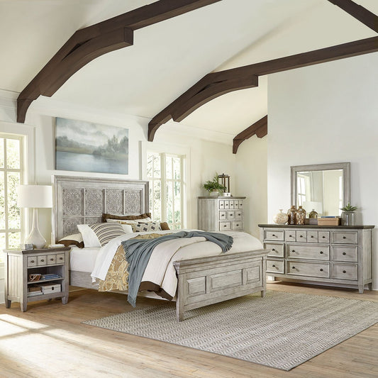 Heartland Decorative King Panel Bed, Dresser & Mirror, Night Stand - Rooms For Less Furniture Outlet