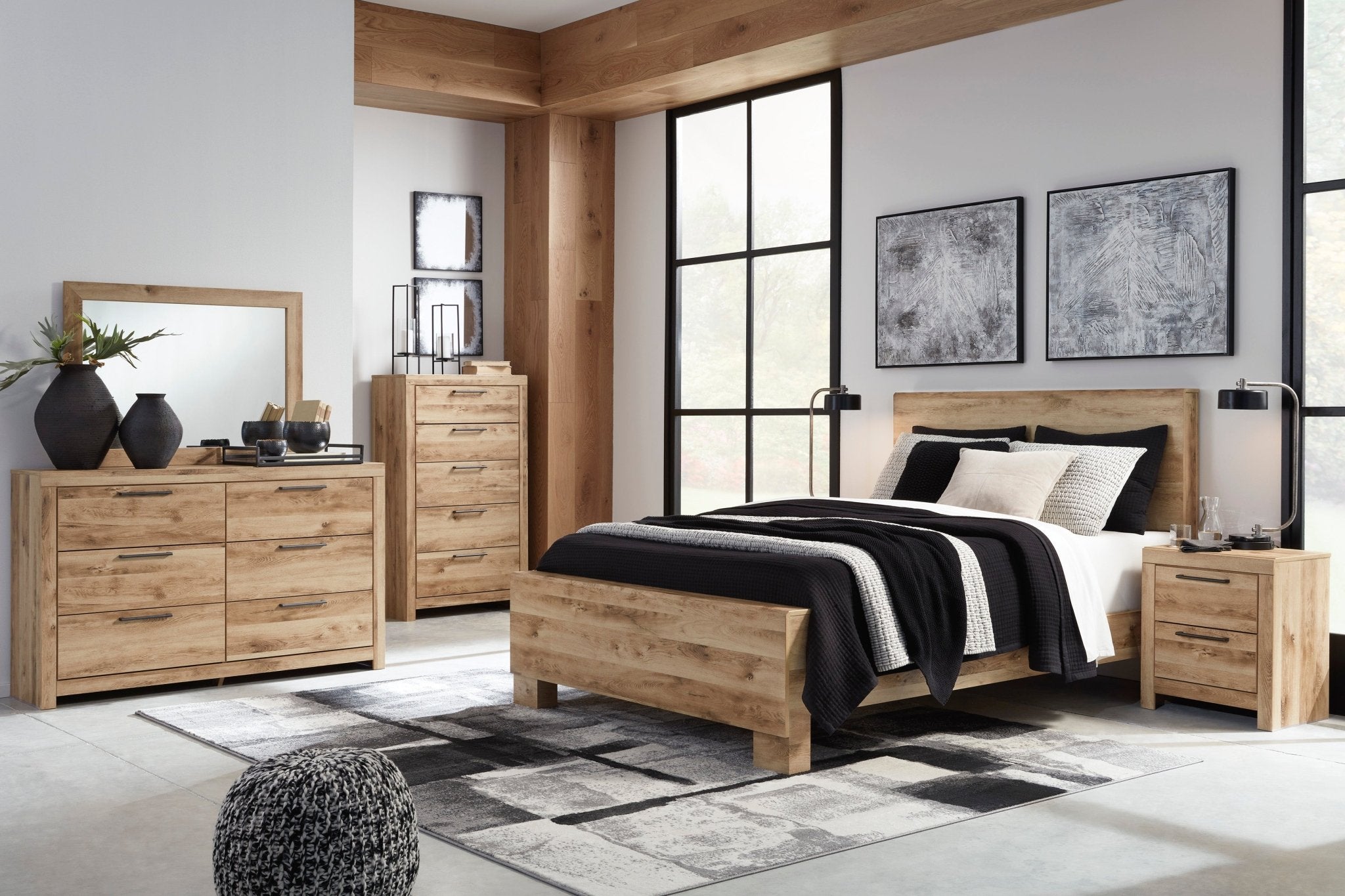 Hyanna King Panel Bed, Dresser, Mirror and Nightstand - Rooms For Less Furniture Outlet