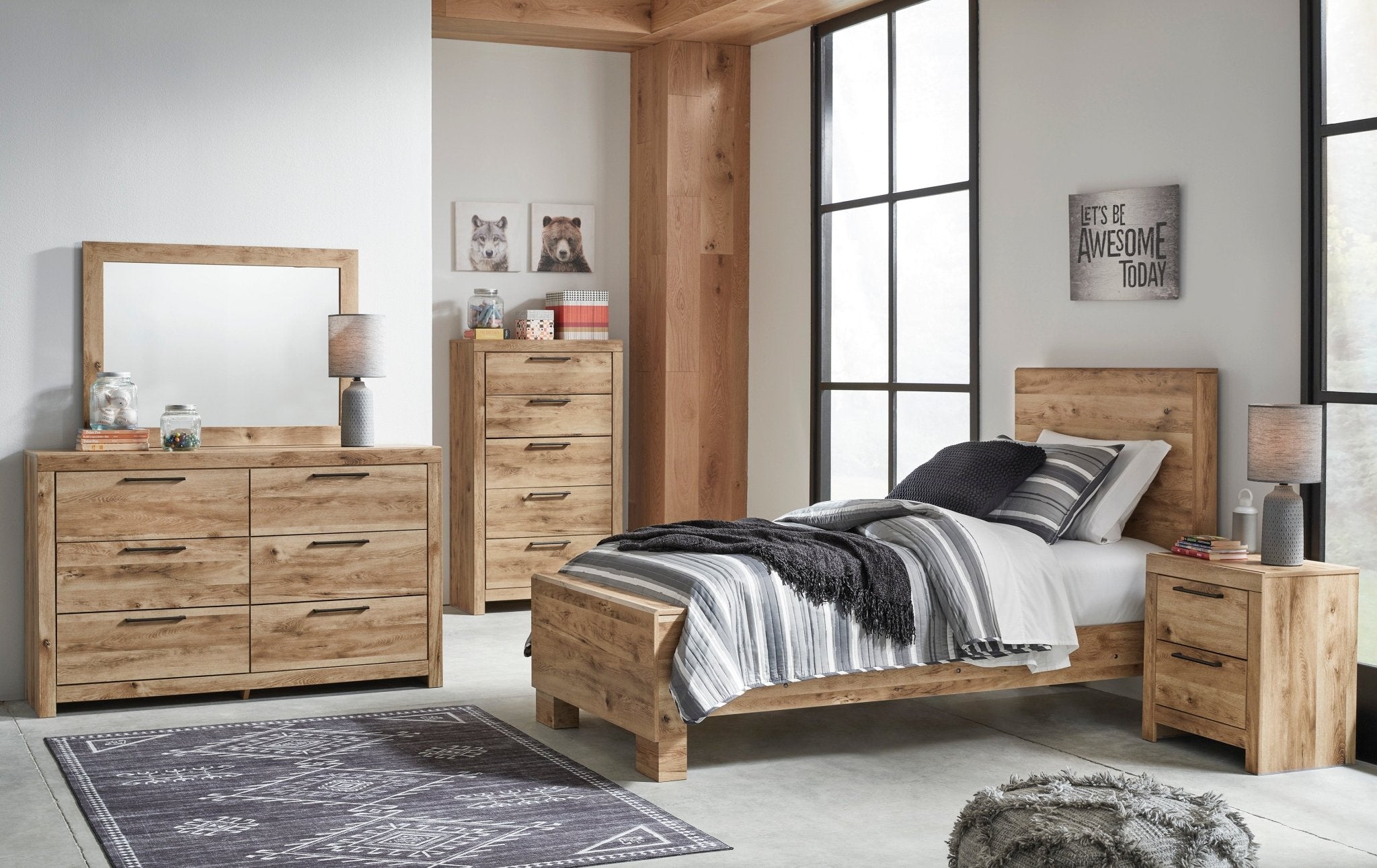 Hyanna Twin Panel Bed, Dresser, Mirror and Nightstand - Rooms For Less Furniture Outlet