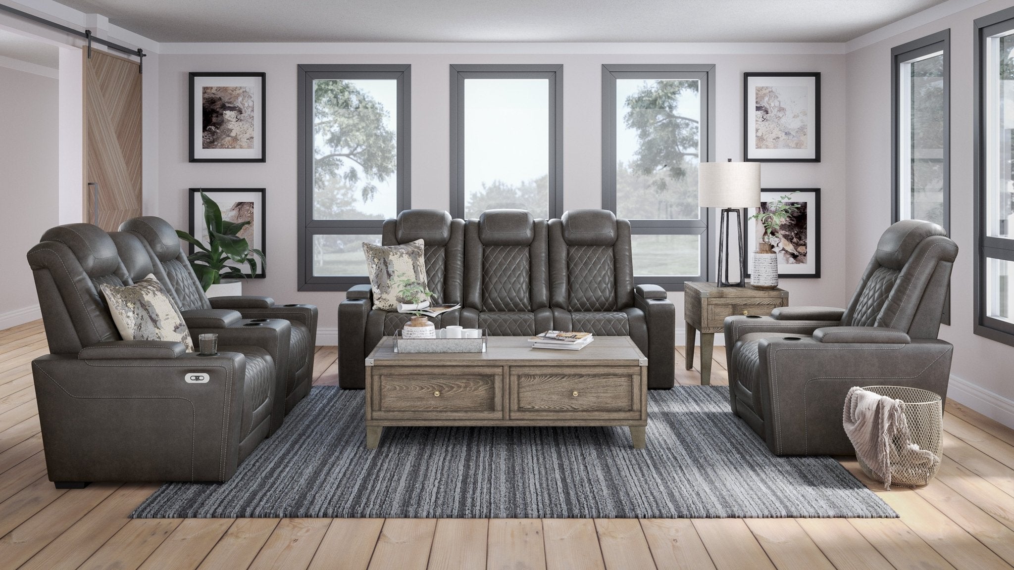 HyllMont Dual Power Reclining Sofa and Loveseat - Rooms For Less Furniture Outlet