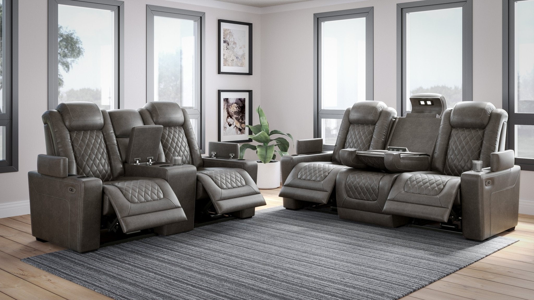 HyllMont Dual Power Reclining Sofa and Loveseat - Rooms For Less Furniture Outlet