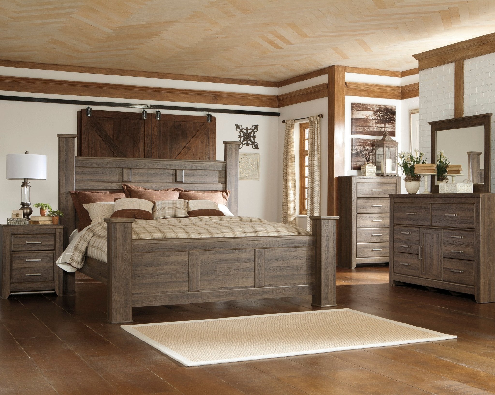 Juararo King Poster Bed, Dresser, Mirror & Nightstand - Rooms For Less Furniture Outlet