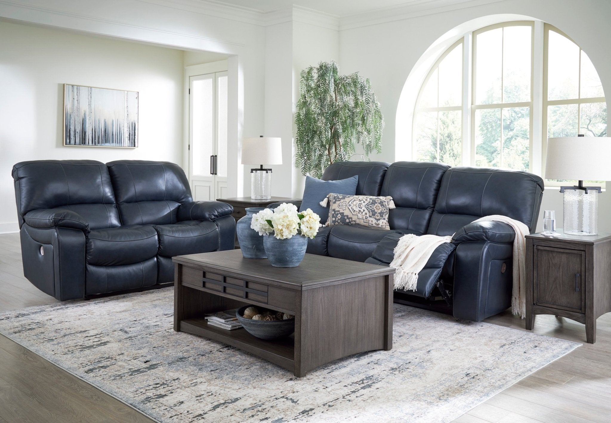 Leesworth Ocean Leather Power Reclining Sofa & Loveseat - Rooms For Less Furniture Outlet