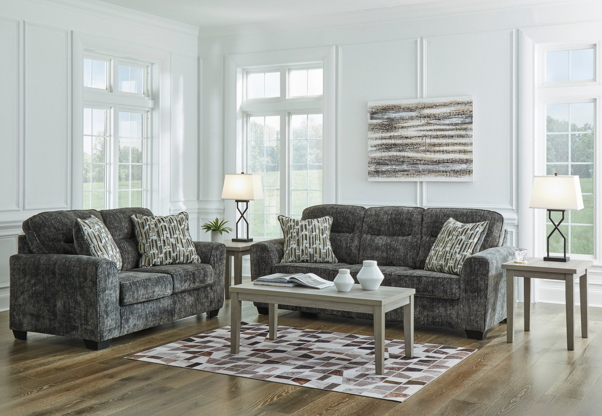 Lonoke Gunmetal Sofa & Loveseat - Rooms For Less Furniture Outlet