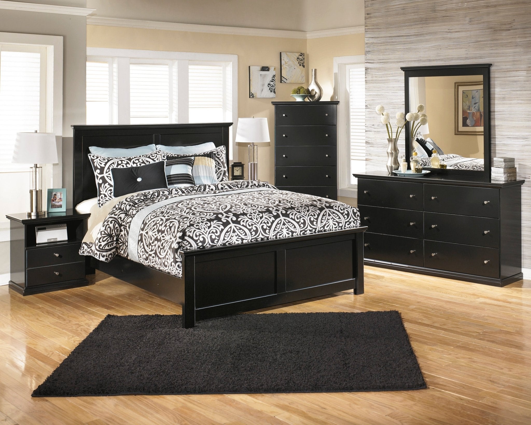 Maribel King Panel Bed, Dresser, Mirror & Nightstand - Rooms For Less Furniture Outlet
