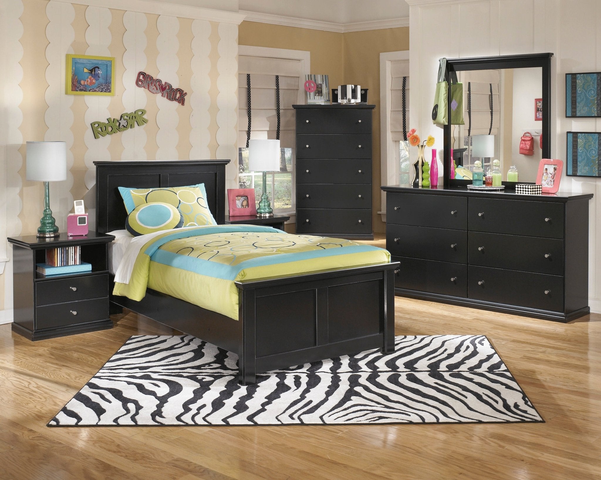 Maribel Twin Panel Bed, Dresser, Mirror & Nightstand - Rooms For Less Furniture Outlet