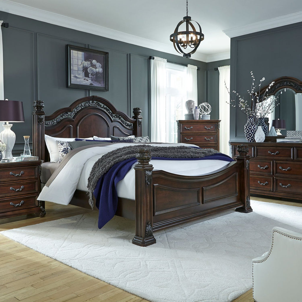 Messina Estates King Poster Bed, Dresser & Mirror, Night Stand - Rooms For Less Furniture Outlet