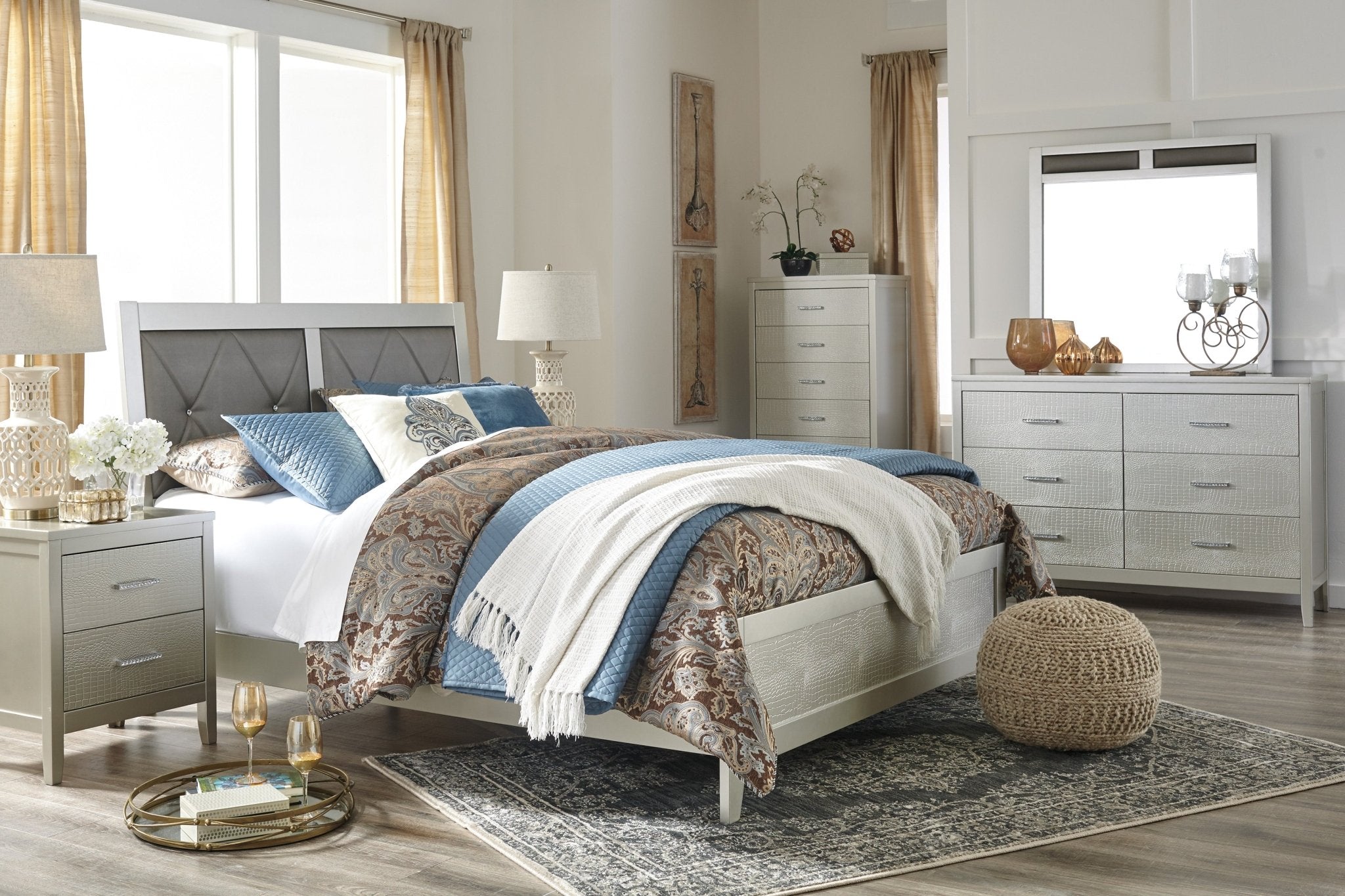 Olivet King Panel Bed, Dresser, Mirror & Nightstand - Rooms For Less Furniture Outlet