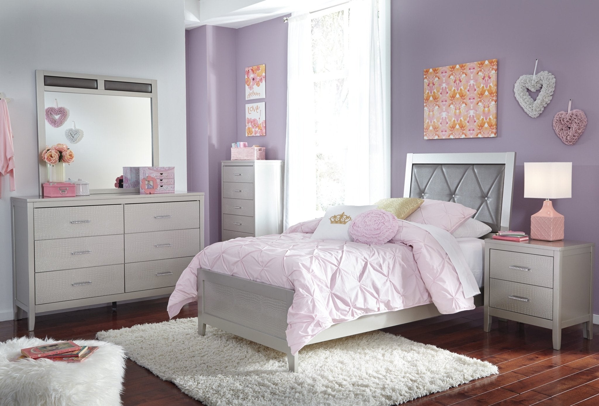 Olivet Twin Panel Bed, Dresser, Mirror & Nightstand - Rooms For Less Furniture Outlet