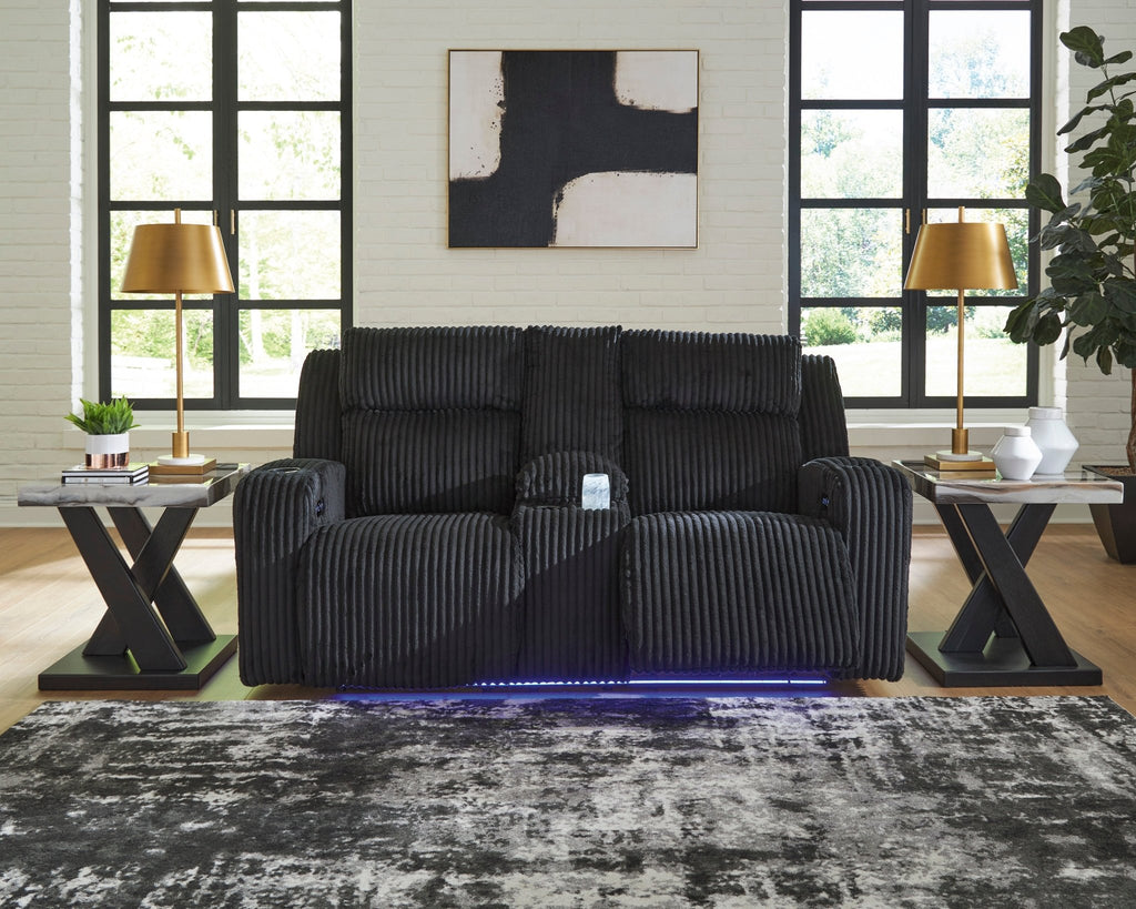 TwinBrooke Power Reclining Black Loveseat with Console and Adjustable Headrest - Rooms For Less Furniture Outlet