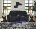 TwinBrooke Power Reclining Black Loveseat with Console and Adjustable Headrest - Rooms For Less Furniture Outlet