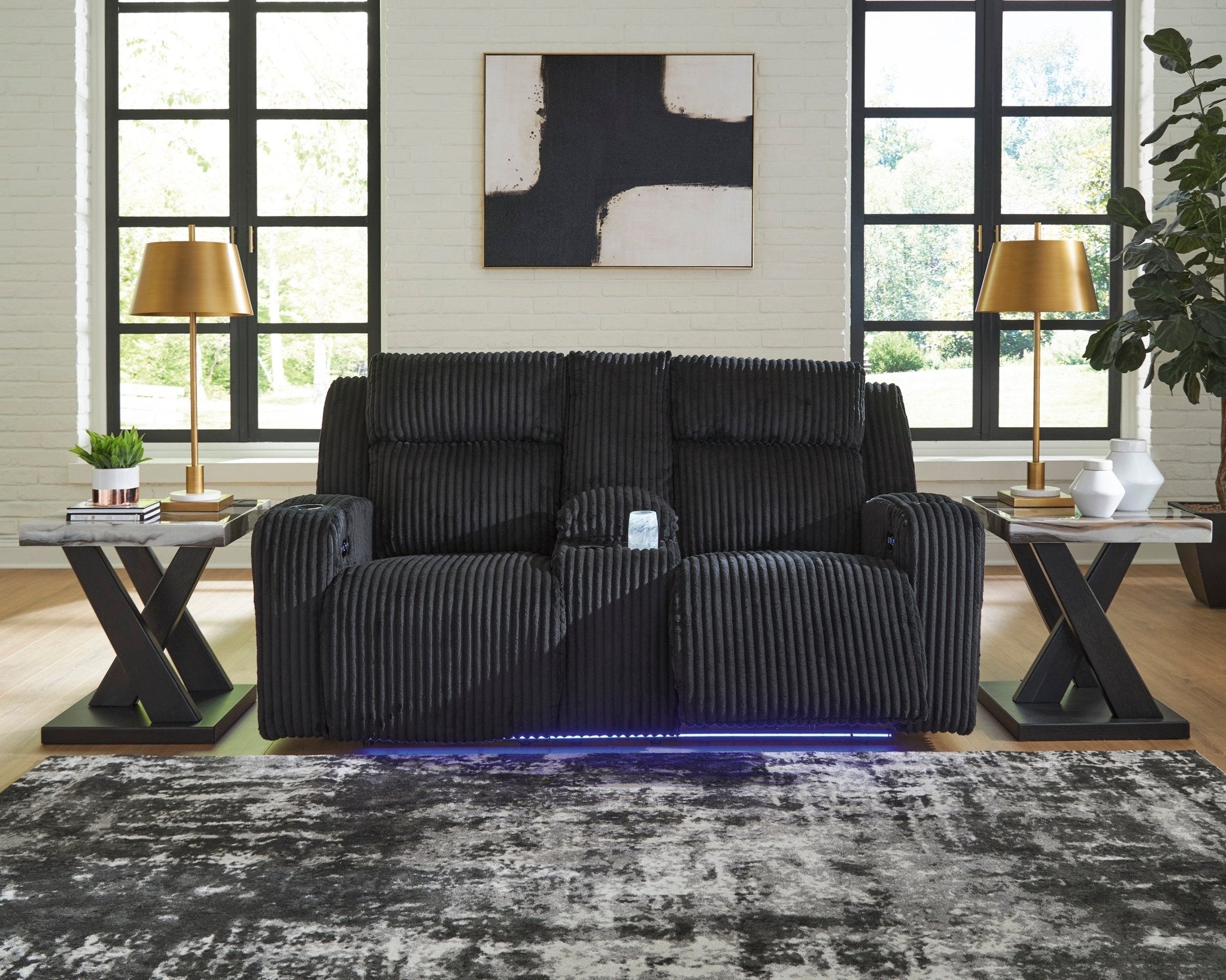 TwinBrooke Power Reclining Black Loveseat with Console and Adjustable Headrest - Rooms For Less Furniture Outlet