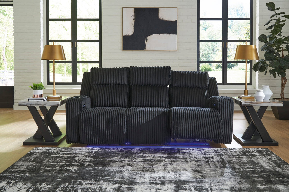 TwinBrooke Power Reclining Black Sofa & Loveseat With Adjustable Headrest - Rooms For Less Furniture Outlet