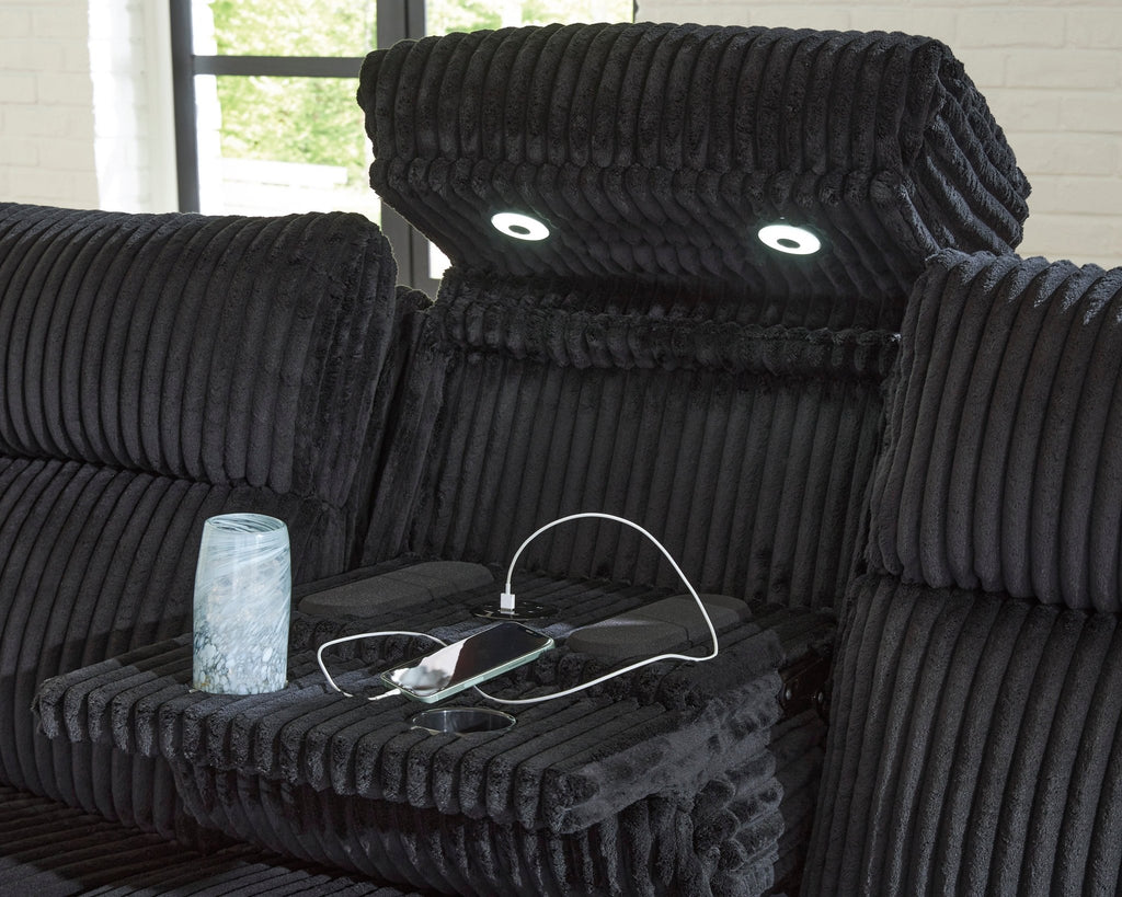 TwinBrooke Power Reclining Black Sofa & Loveseat With Adjustable Headrest - Rooms For Less Furniture Outlet