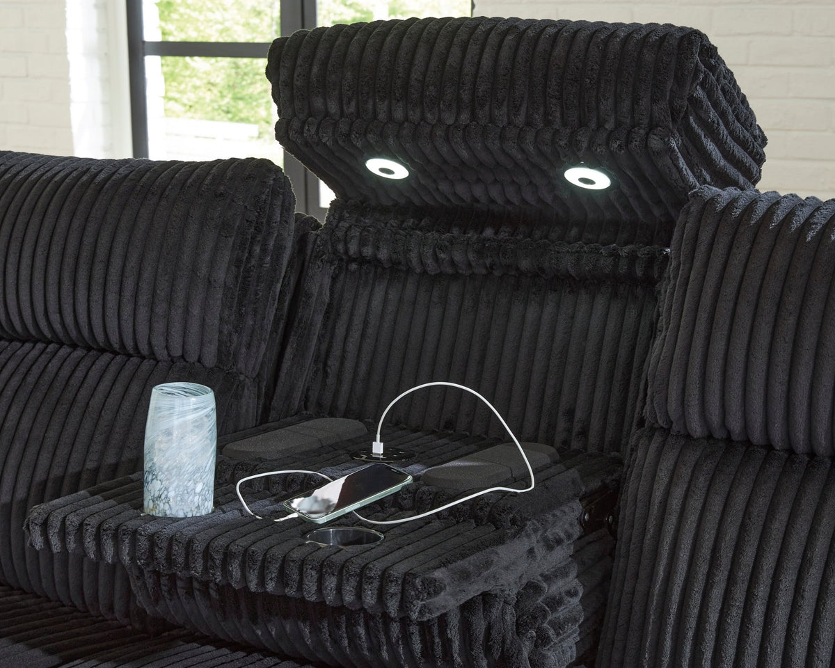 TwinBrooke Power Reclining Black Sofa & Loveseat With Adjustable Headrest - Rooms For Less Furniture Outlet