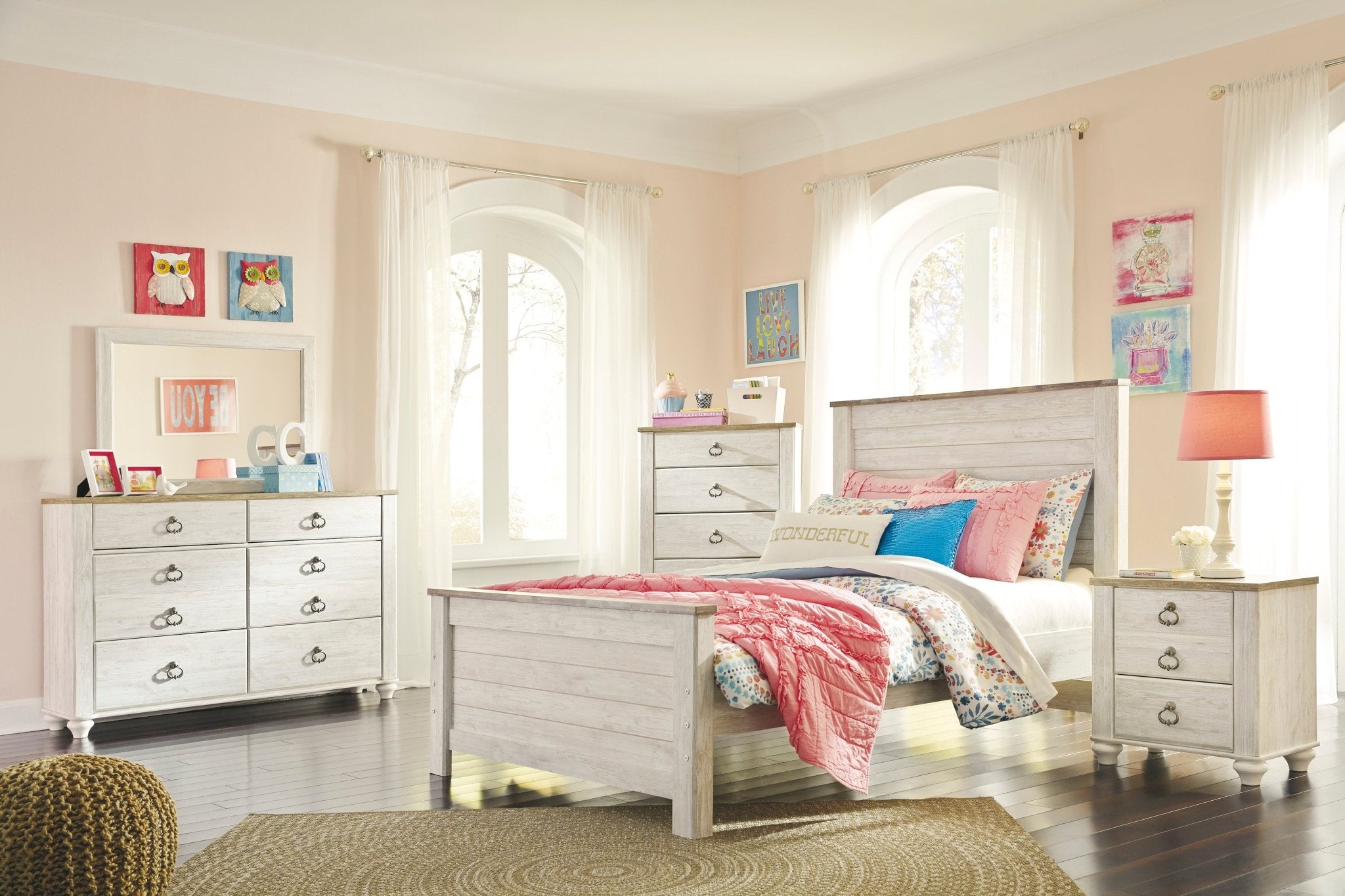 Willowton Full Panel Bed, Dresser, Mirror & Nightstand - Rooms For Less Furniture Outlet