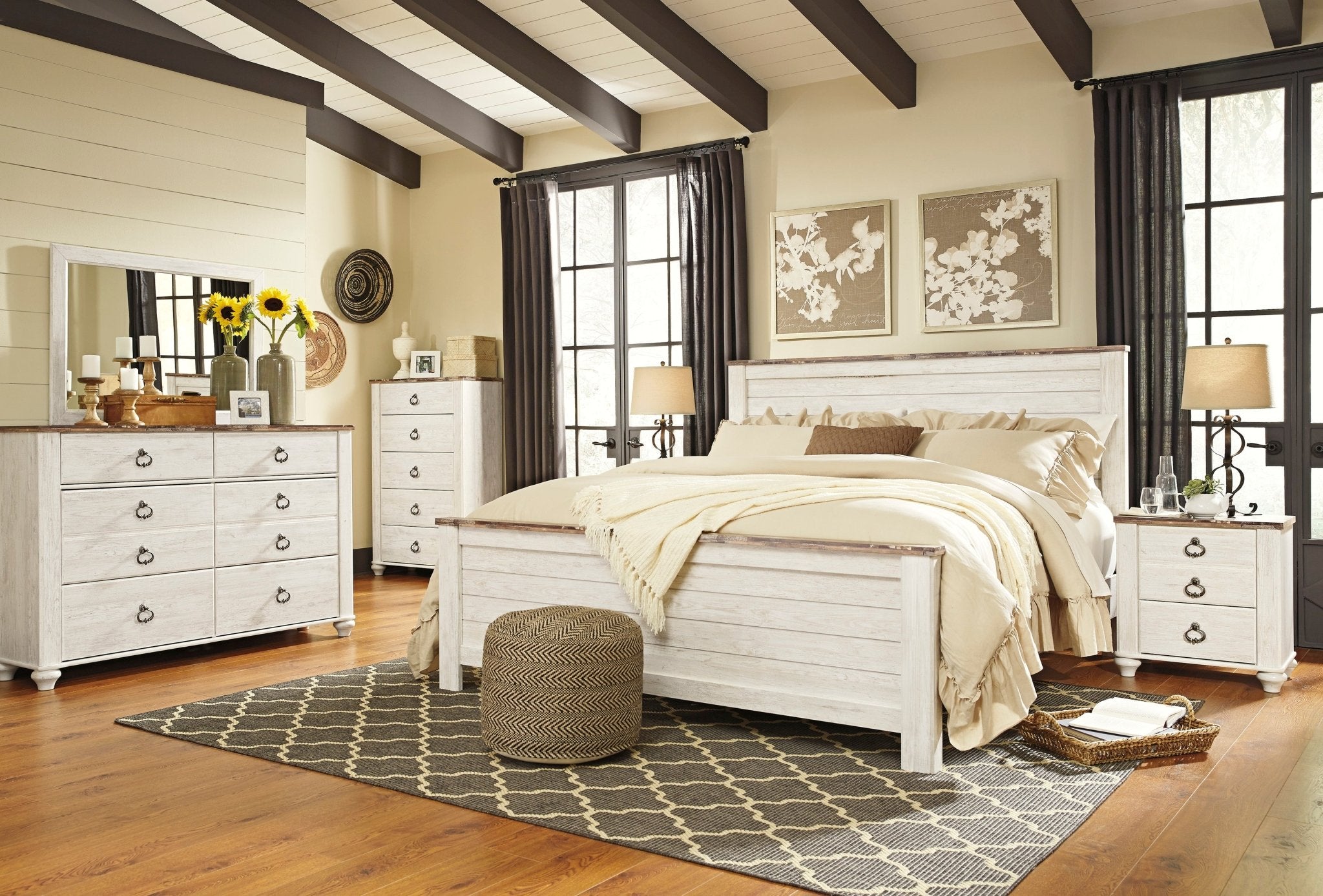 Willowton King Panel Bed, Dresser, Mirror & Nightstand - Rooms For Less Furniture Outlet