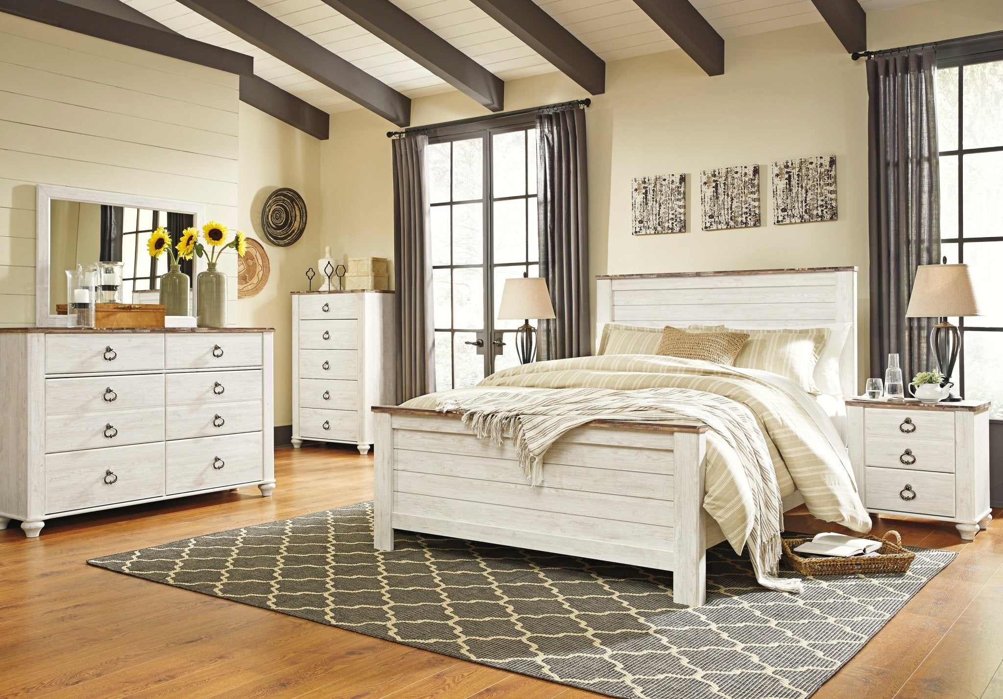 Willowton Queen Panel Bed, Dresser, Mirror & Nightstand - Rooms For Less Furniture Outlet