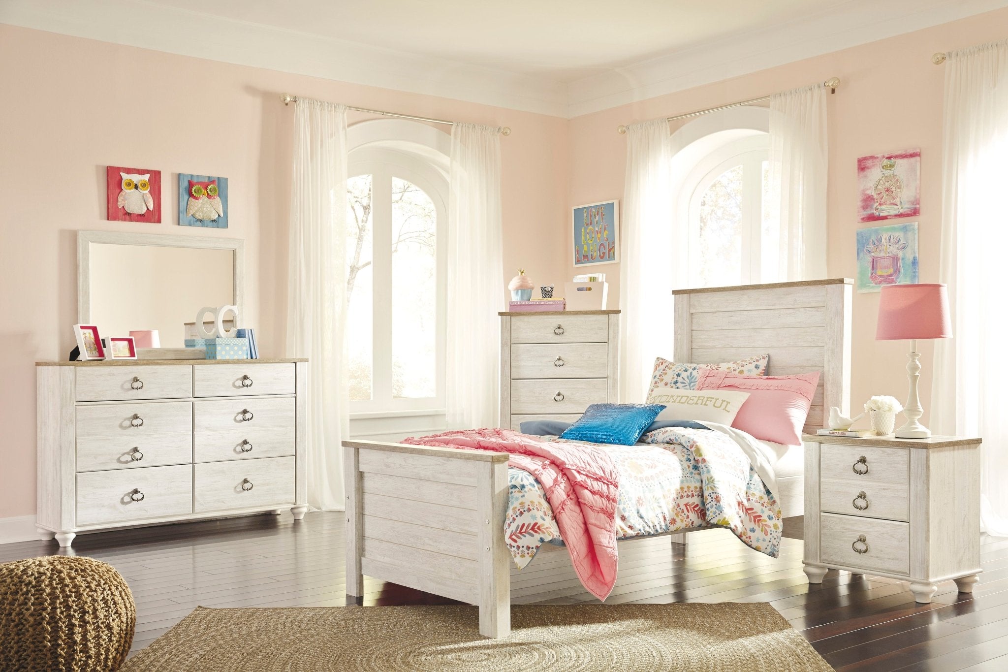 Willowton Twin Panel Bed, Dresser, Mirror & Nightstand - Rooms For Less Furniture Outlet