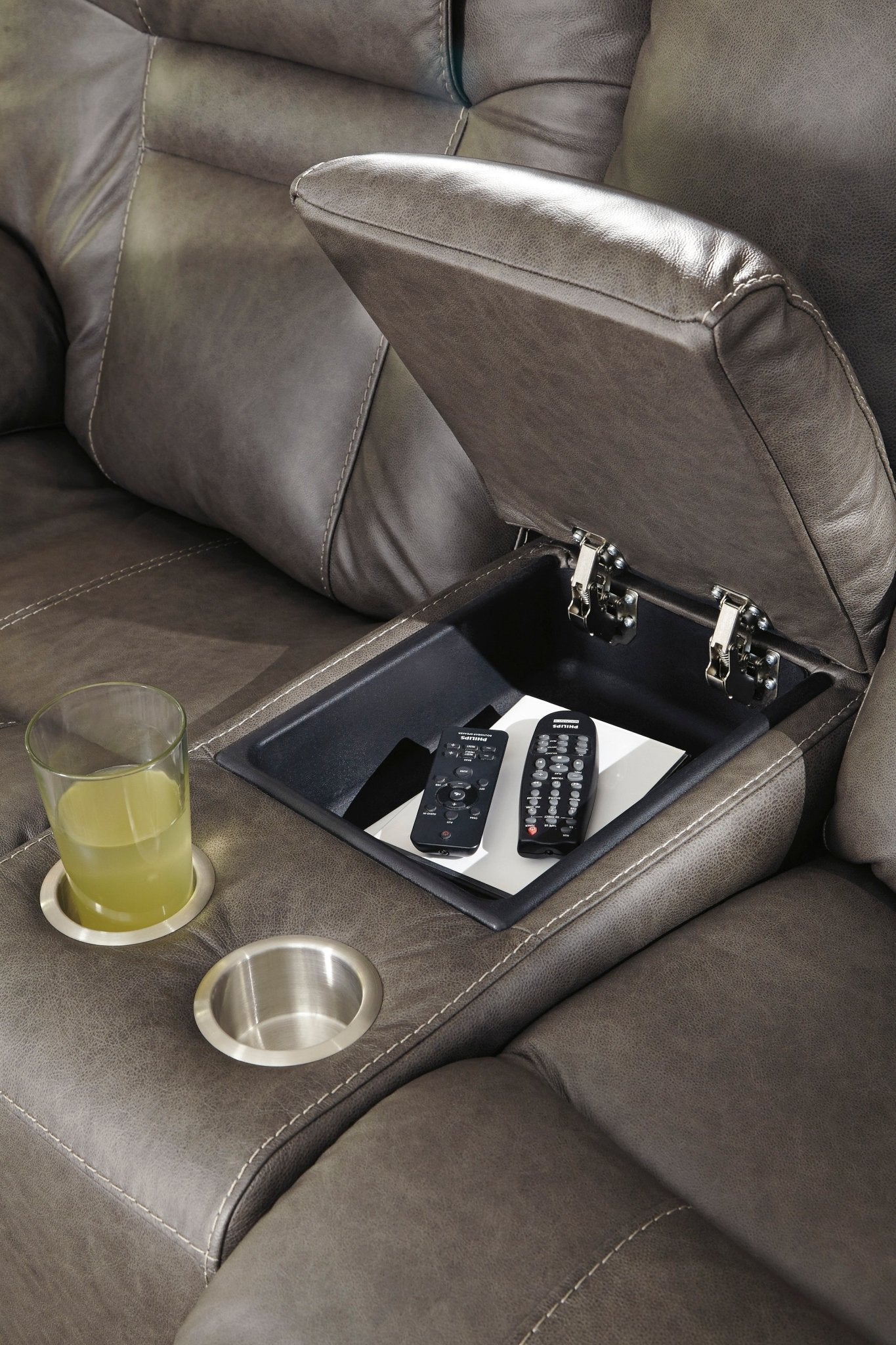 Wurstrow Smoke Triple Power Reclining Loveseat with Console - Rooms For Less Furniture Outlet