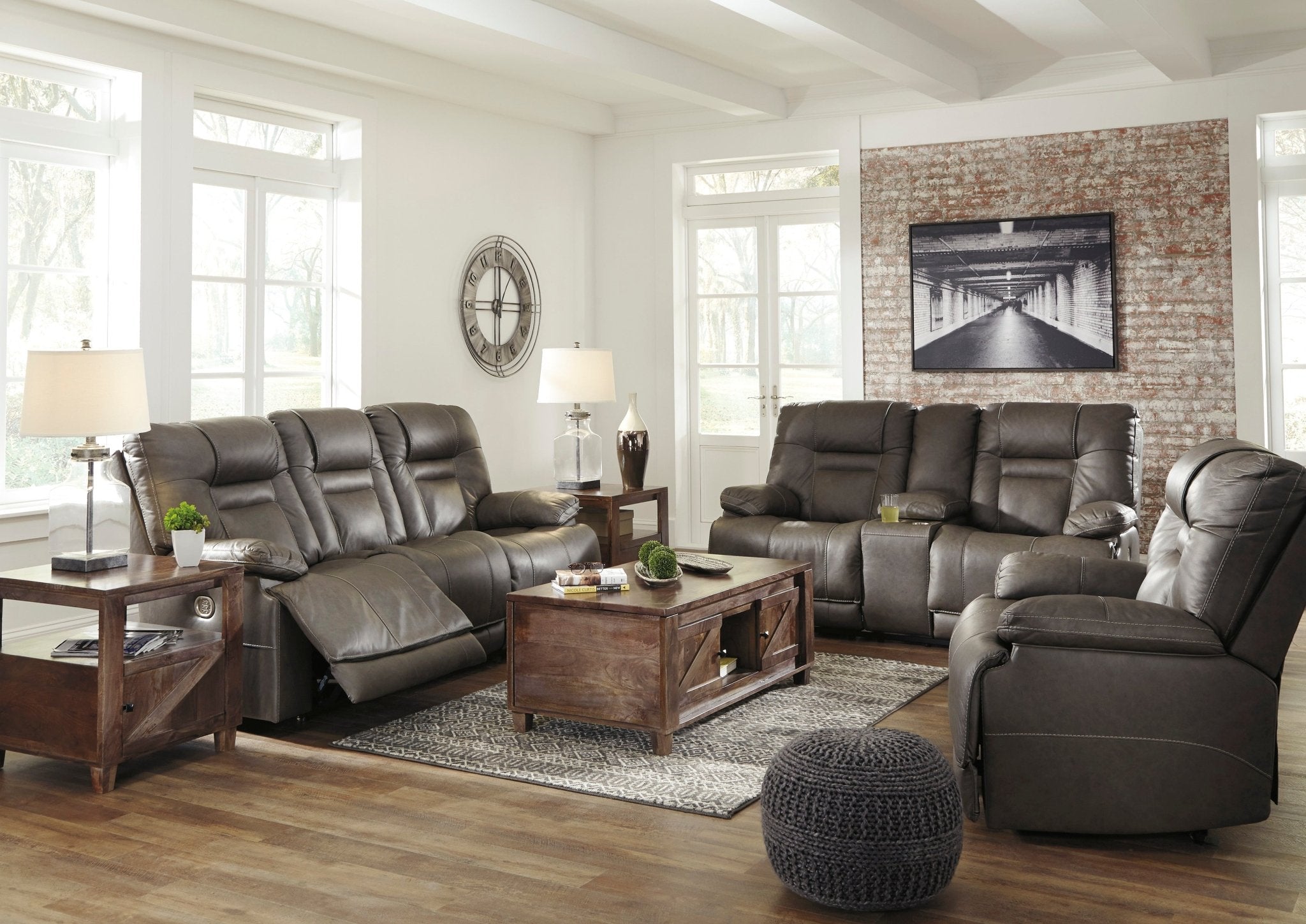 Wurstrow Smoke Triple Power Reclining Sofa - Rooms For Less Furniture Outlet