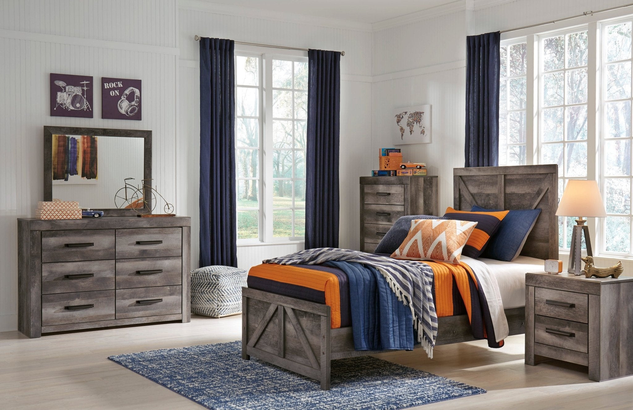 Wynnlow Twin Panel Bed, Dresser, Mirror and Nightstand - Rooms For Less Furniture Outlet