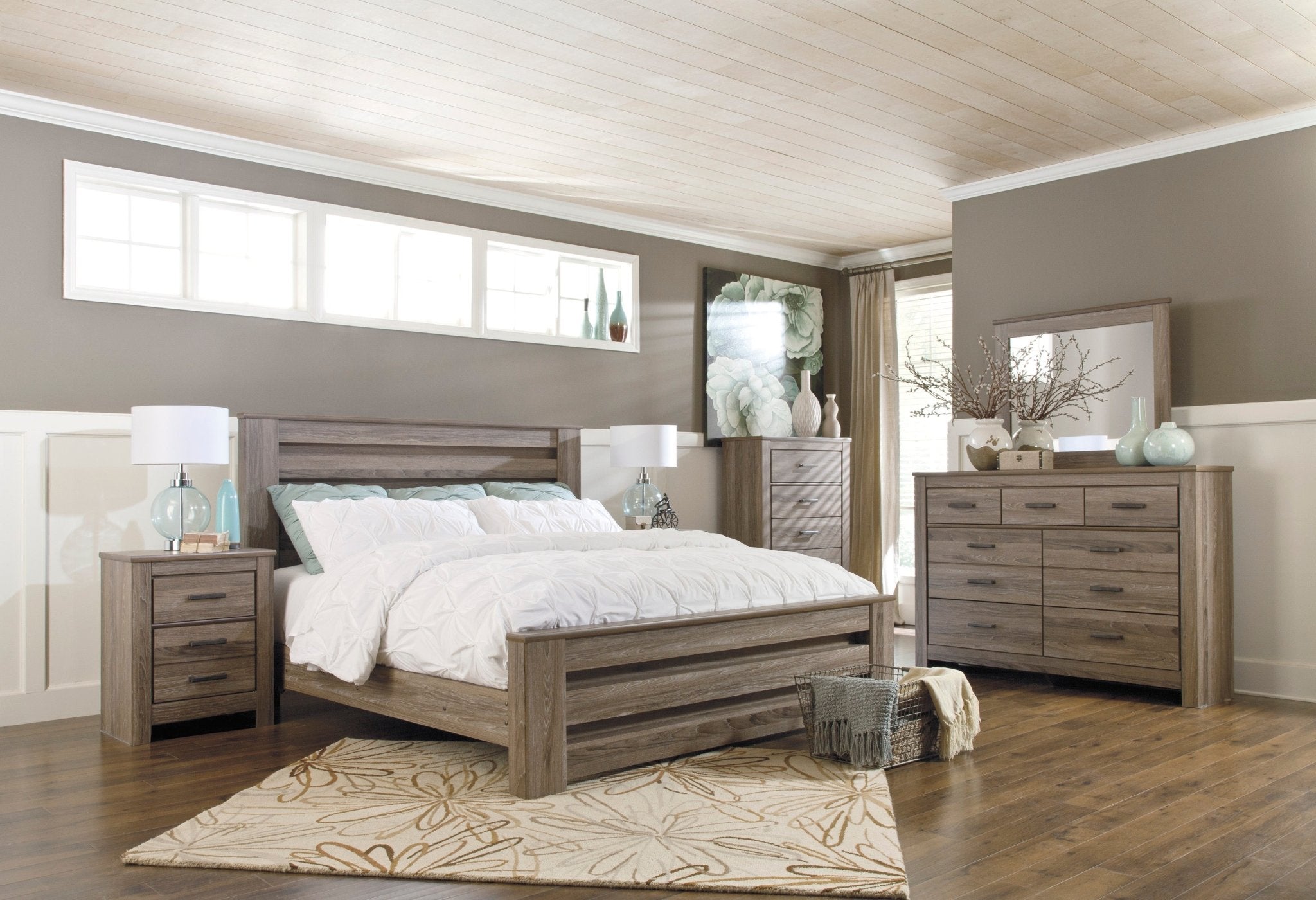 Zelen King Panel Bed, Dresser, Mirror and Nightstand - Rooms For Less Furniture Outlet