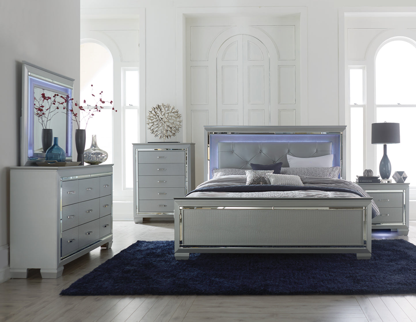 Allura 7pc King LED Bedroom Set - Silver