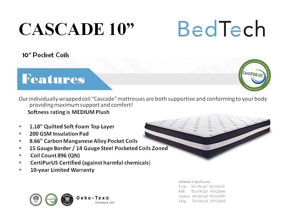 Premium Cascade King 10" Pocketed Coil Mattress