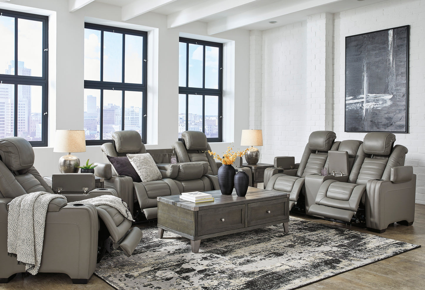 Backtrack Gray Power Reclining Sofa and Loveseat