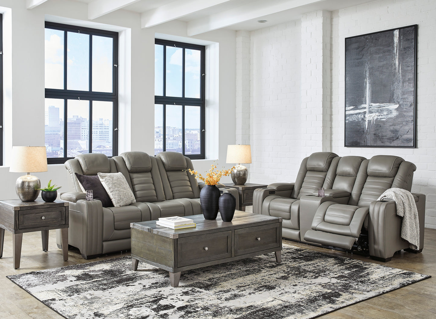 Backtrack Gray Power Reclining Sofa and Loveseat