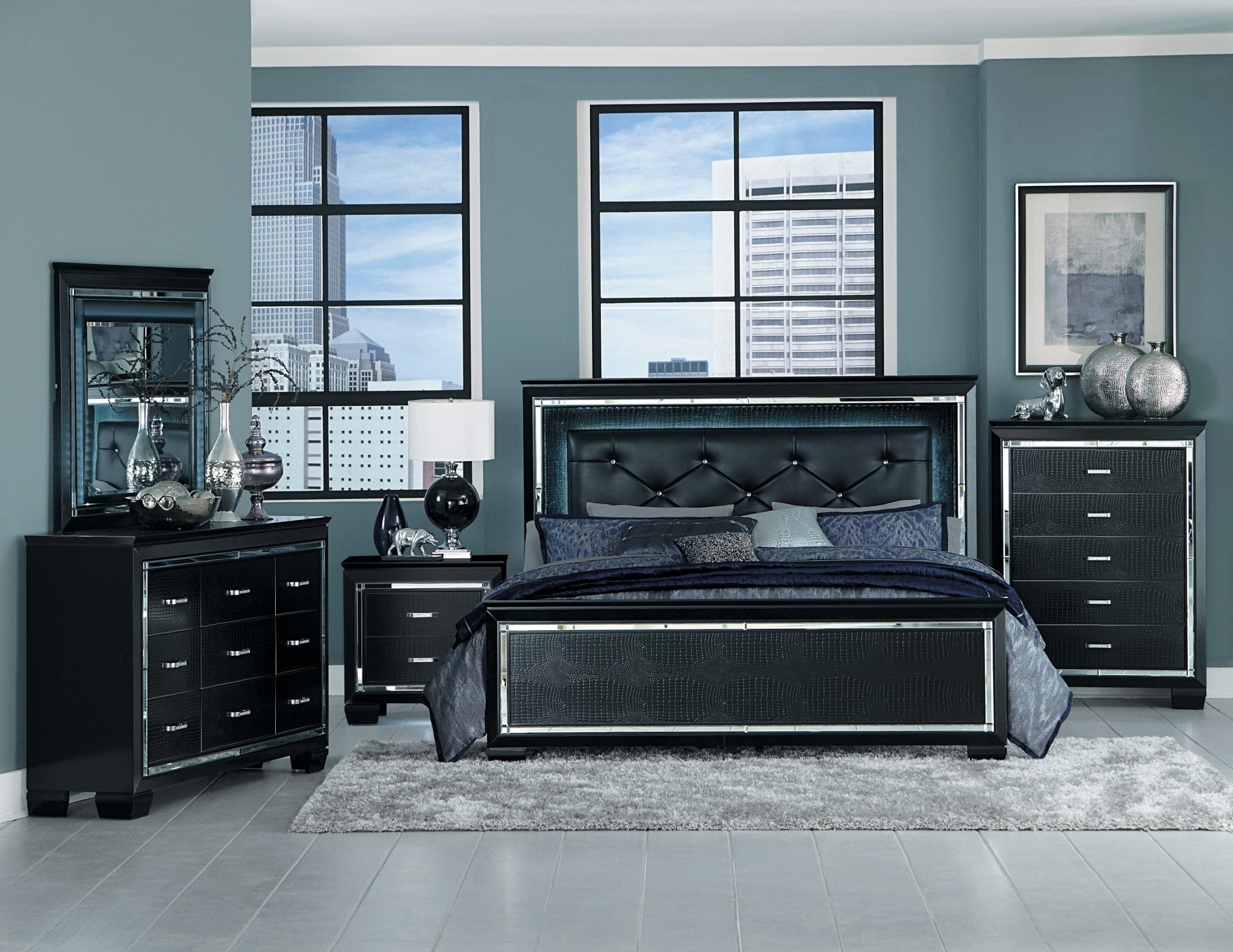 Allura 6pc Queen LED Bedroom Set - Black - Rooms For Less Furniture Outlet