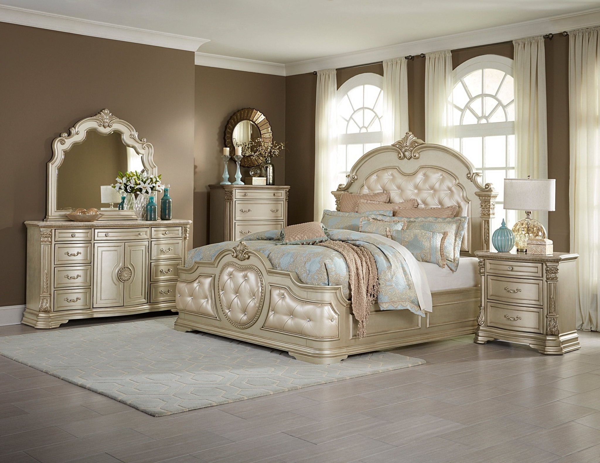 Antoinetta 7pc King Bedroom Set - Champagne - Rooms For Less Furniture Outlet
